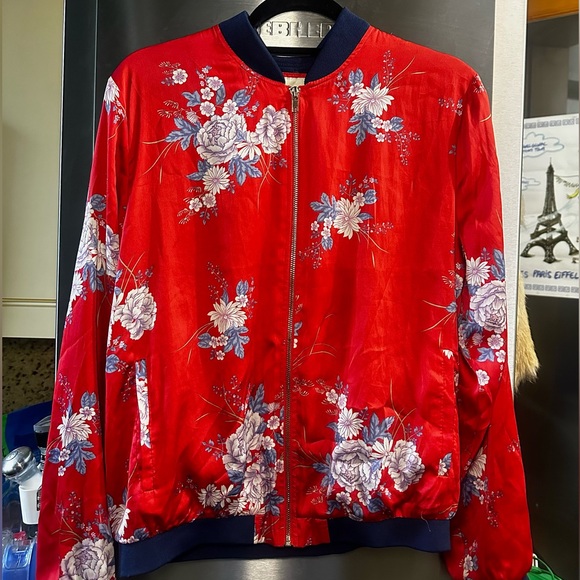 Jackets & Blazers - Red floral satin bomber jacket